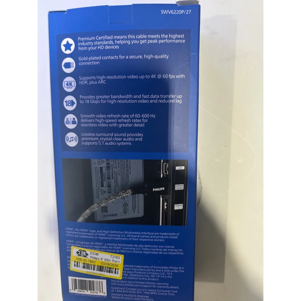 Philips Elite 6ft High Speed HDMI Cable 4K HDR Braided Ethernet SWV6220P/27